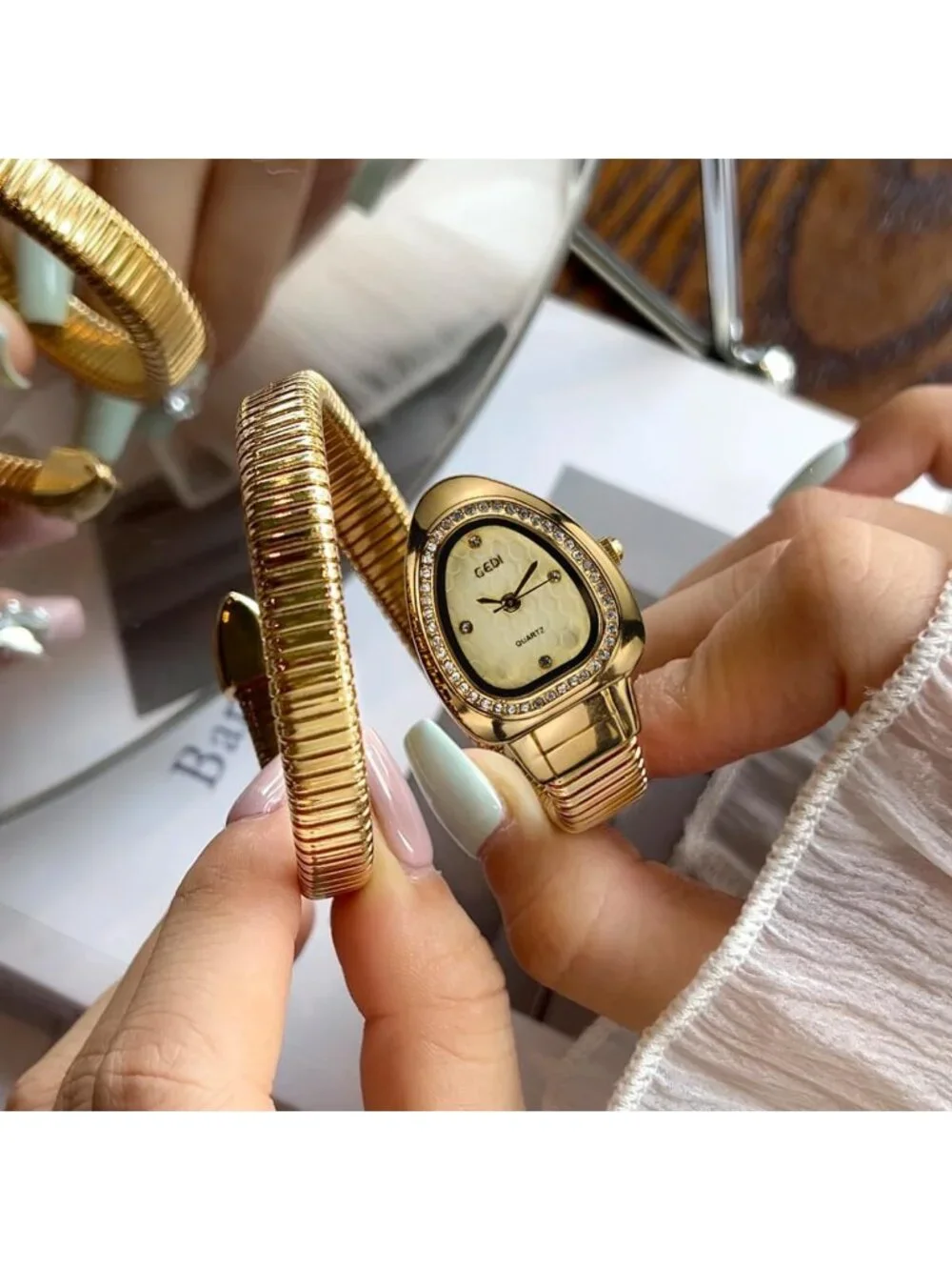 Women's Gold Elegant Wrap Around Bangle Fashion Snake Cuff Dress Wrist Watch
